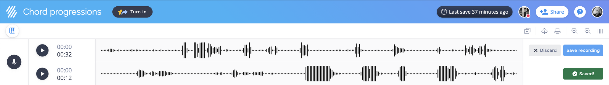 Once a first recording has been saved, students will be able to stack another one, decide which one they want to keep, and eventually turn it in.