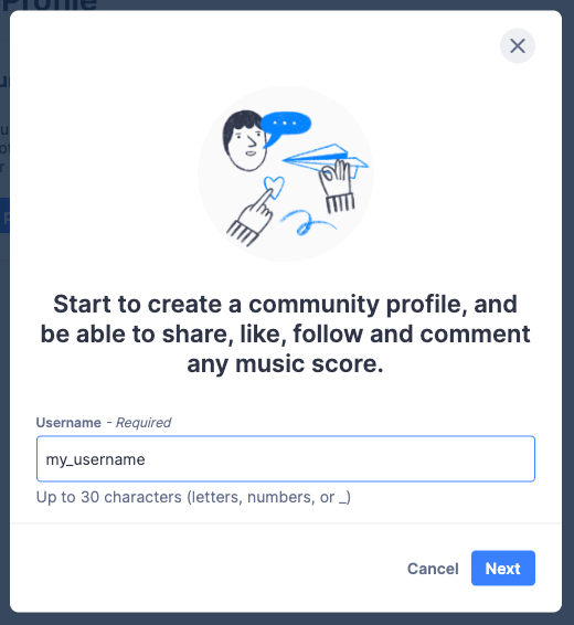 Start to create a community profile, and be able to share, like, follow and comment any music score.