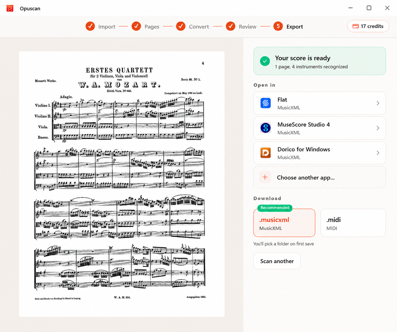 Opuscan reading a scanned page of sheet music on a Windows PC