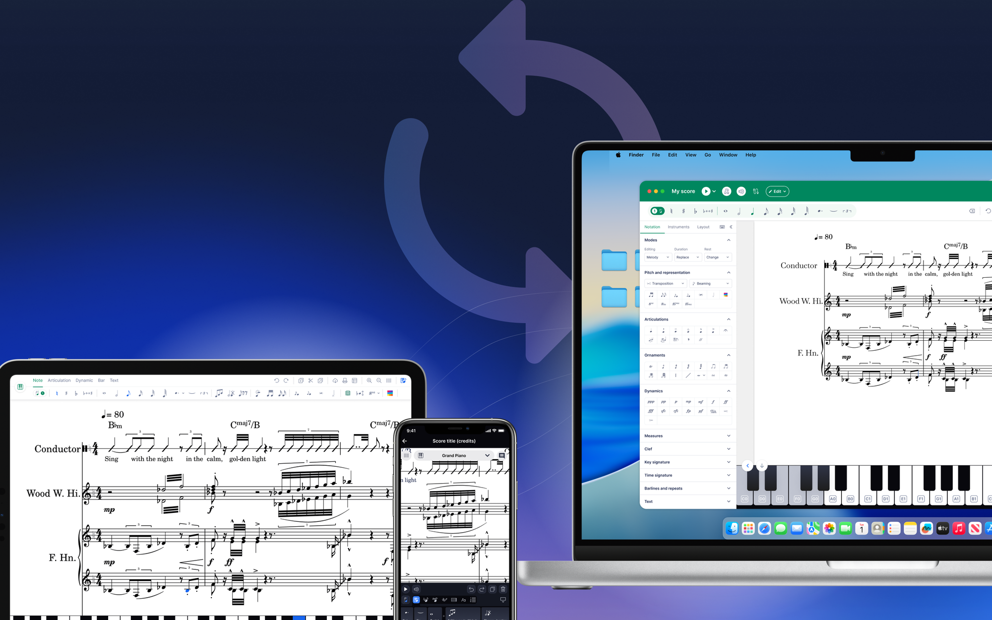 Flat for Educationのデスクトップアプリで楽譜がMac・iPad・iPhone間で同期される様子