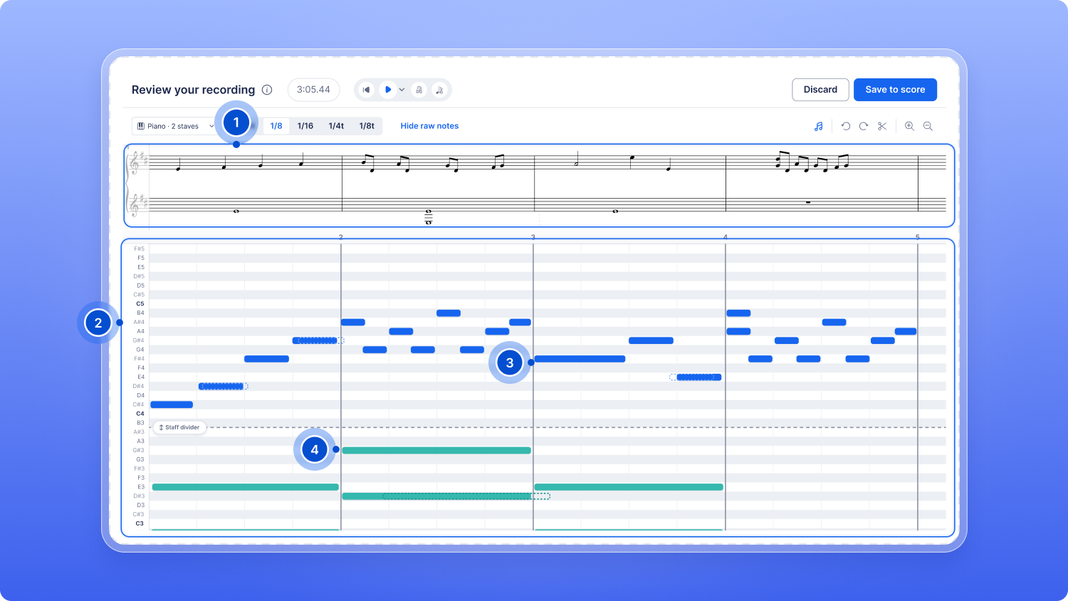 Review your recording screen with the notation preview and the note grid