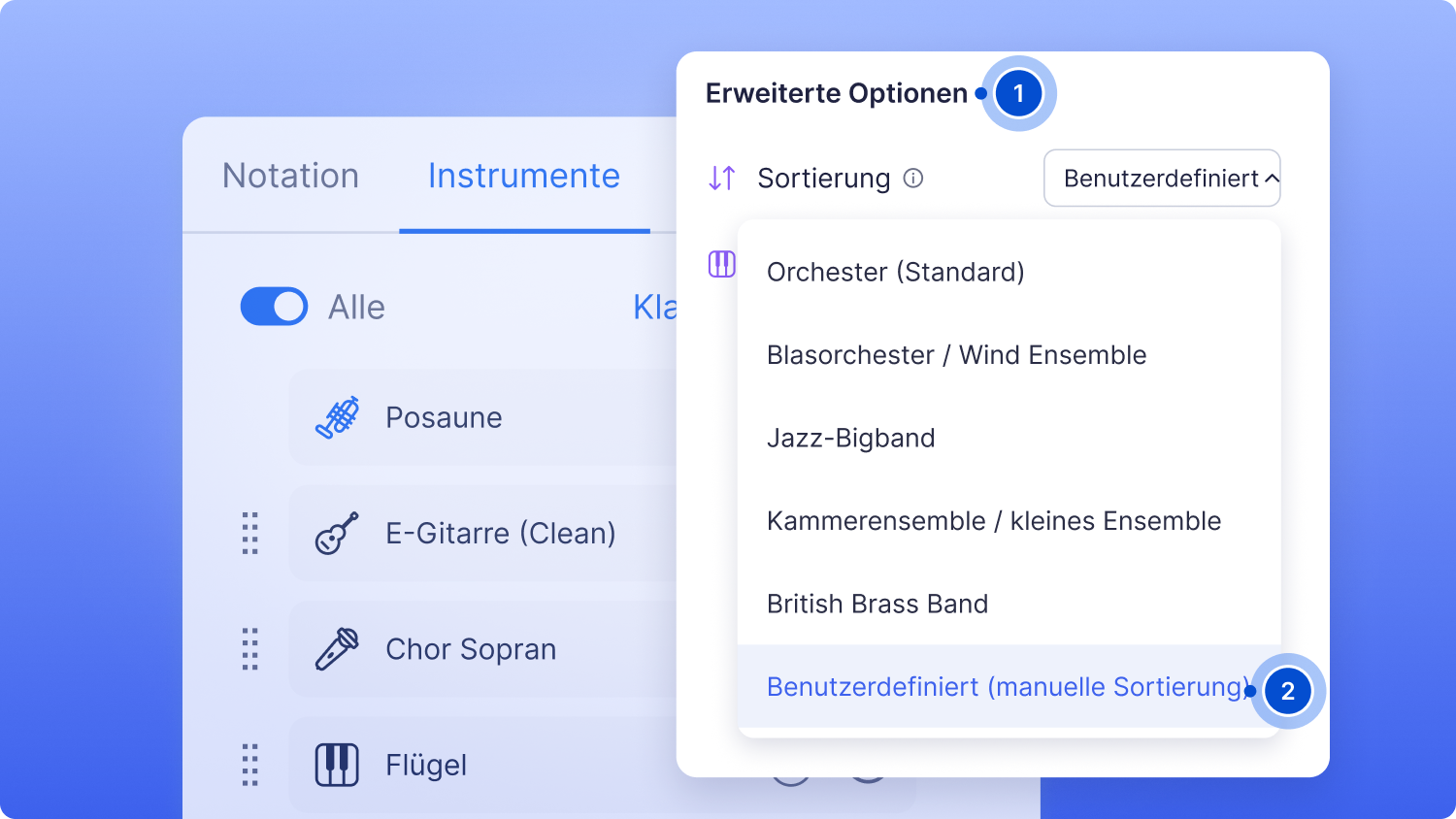Sortieroptionen unter Erweiterte Optionen im Tab Instrumente