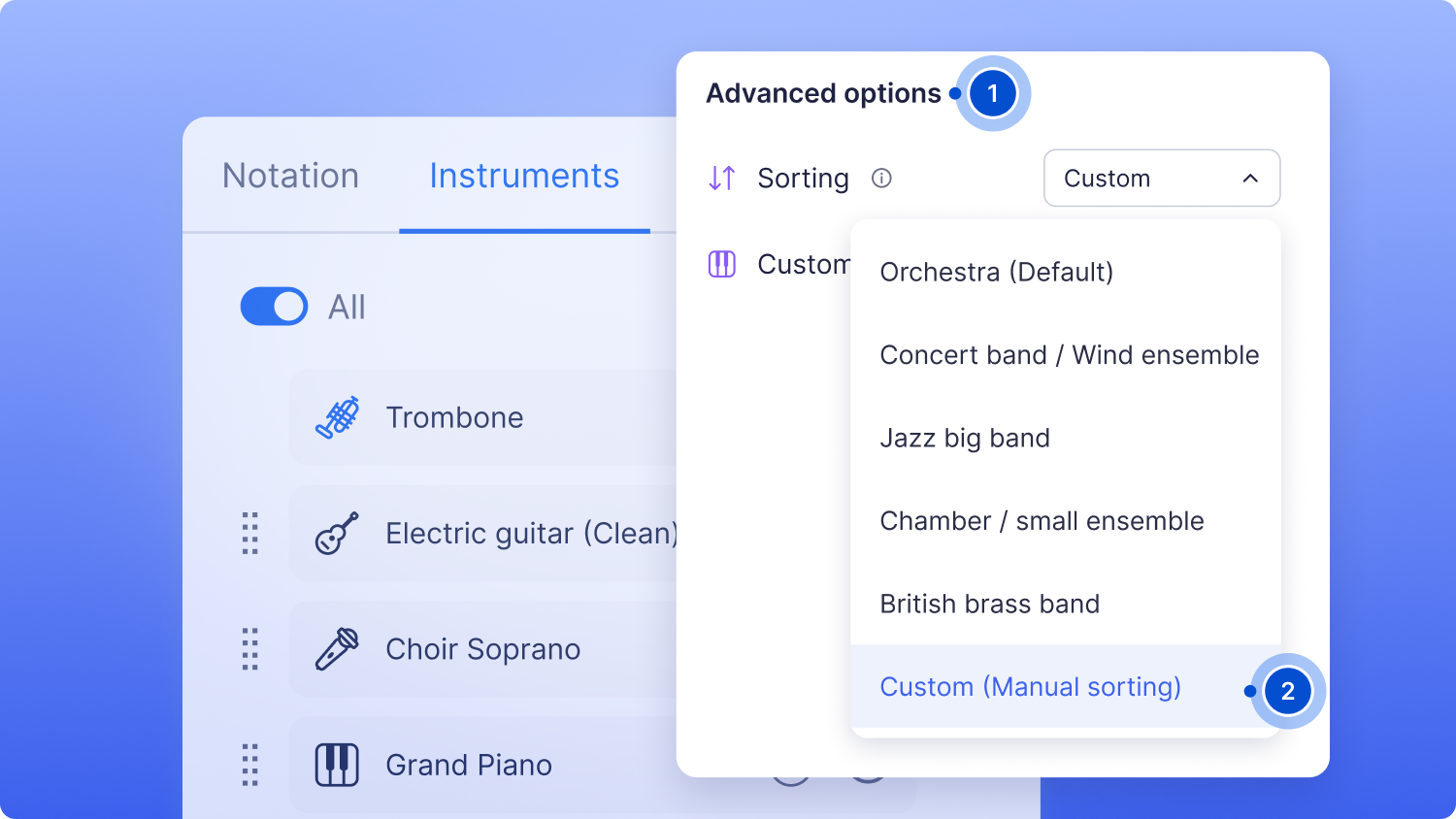 Sorting options under Advanced options in the Instruments tab