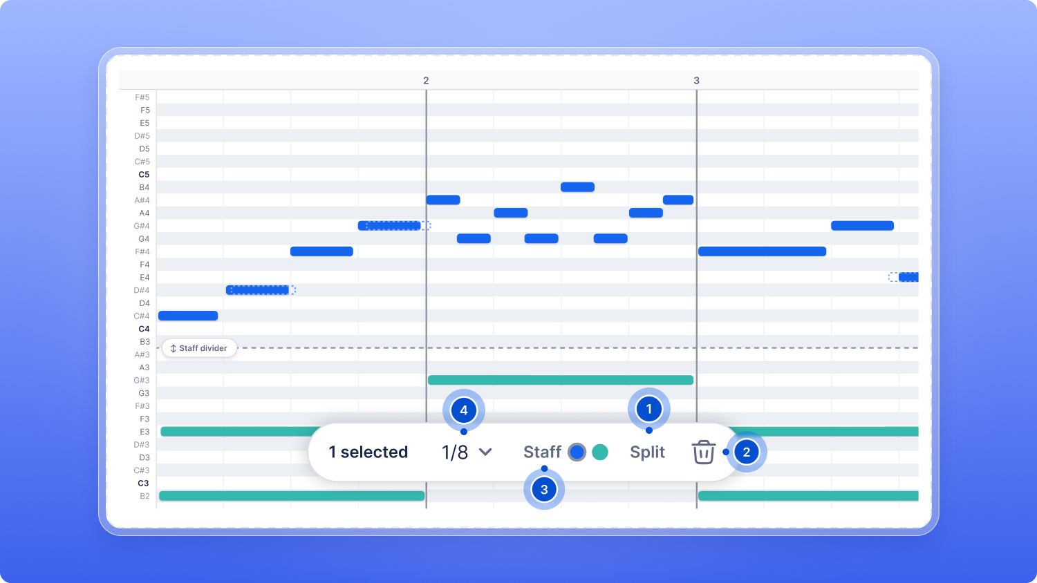 Split, delete, staff choice and grid options for selected notes
