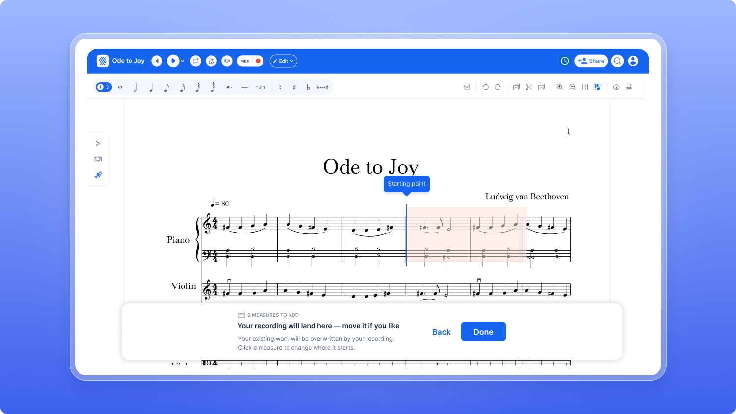 Choosing the starting measure, with overwritten measures in red