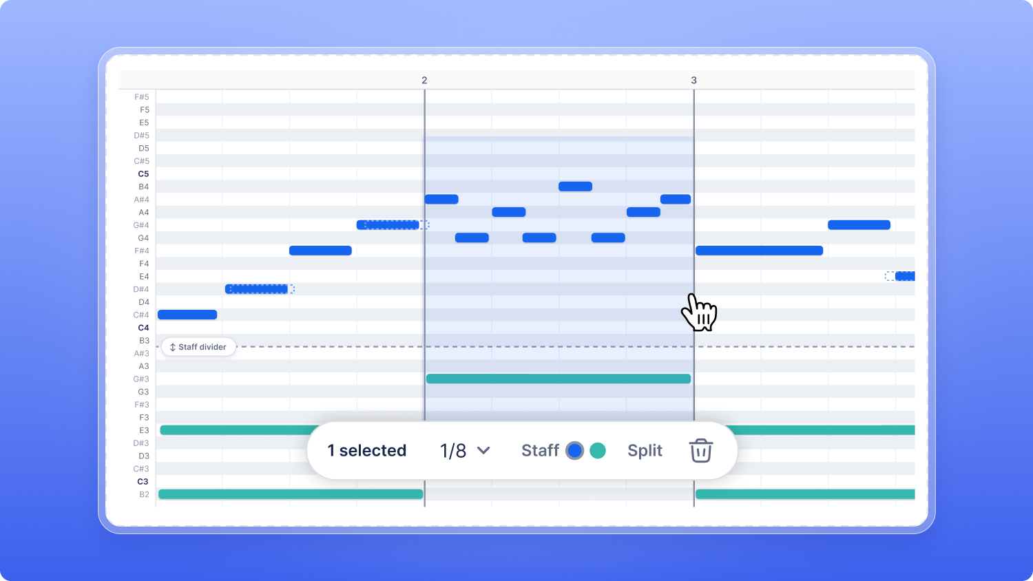 Selected notes with the editing bar open