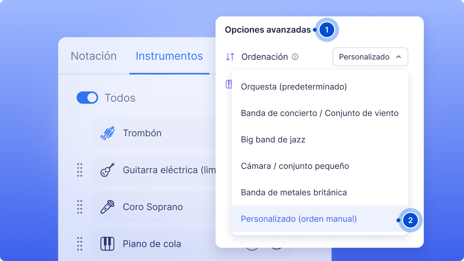 Opciones de ordenación en Opciones avanzadas de la pestaña Instrumentos