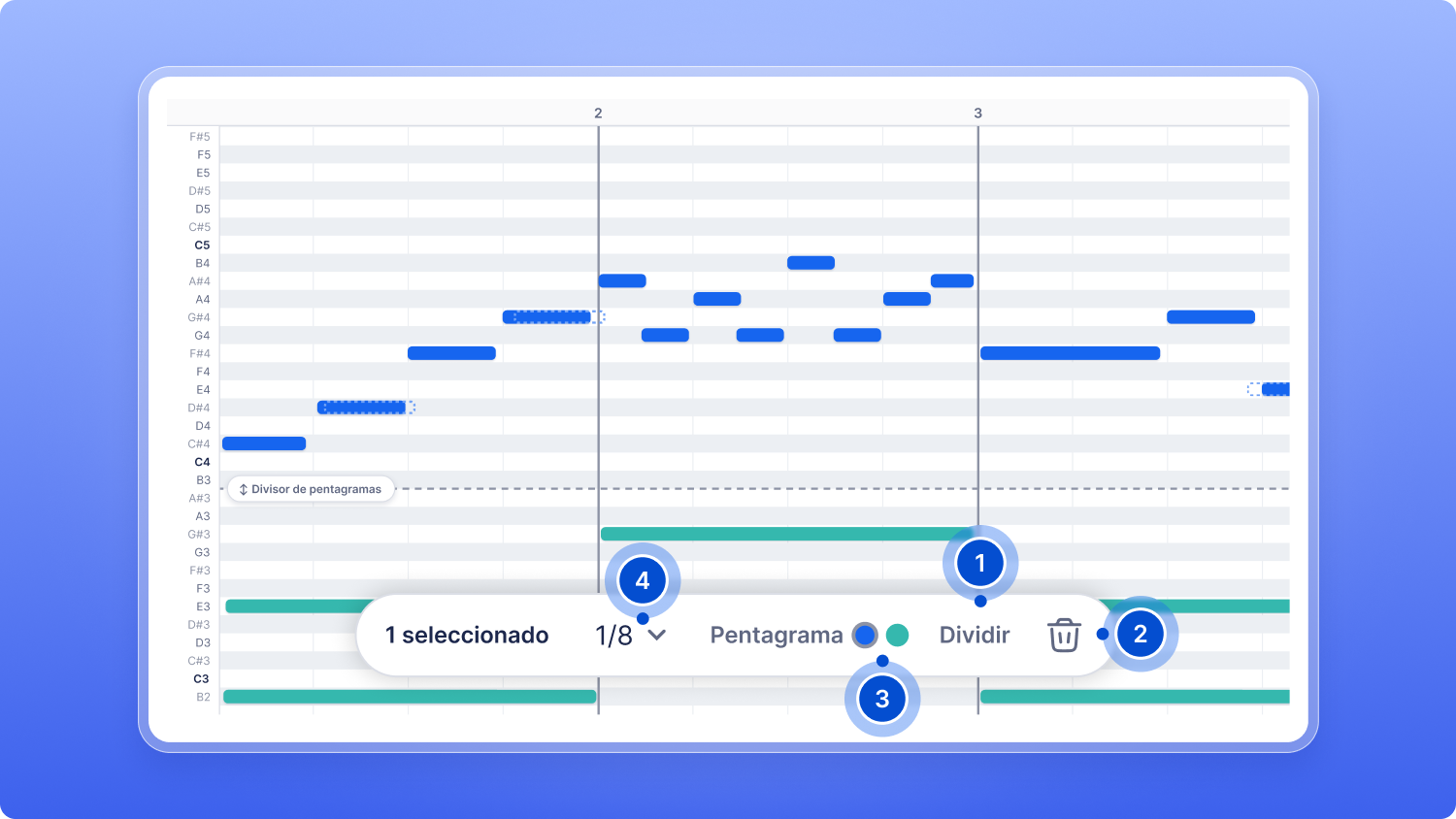 Opciones para dividir, eliminar, elegir pentagrama y cambiar la cuadrícula de las notas seleccionadas