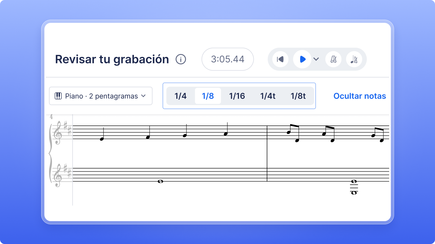 Opciones de cuadrícula para una grabación MIDI