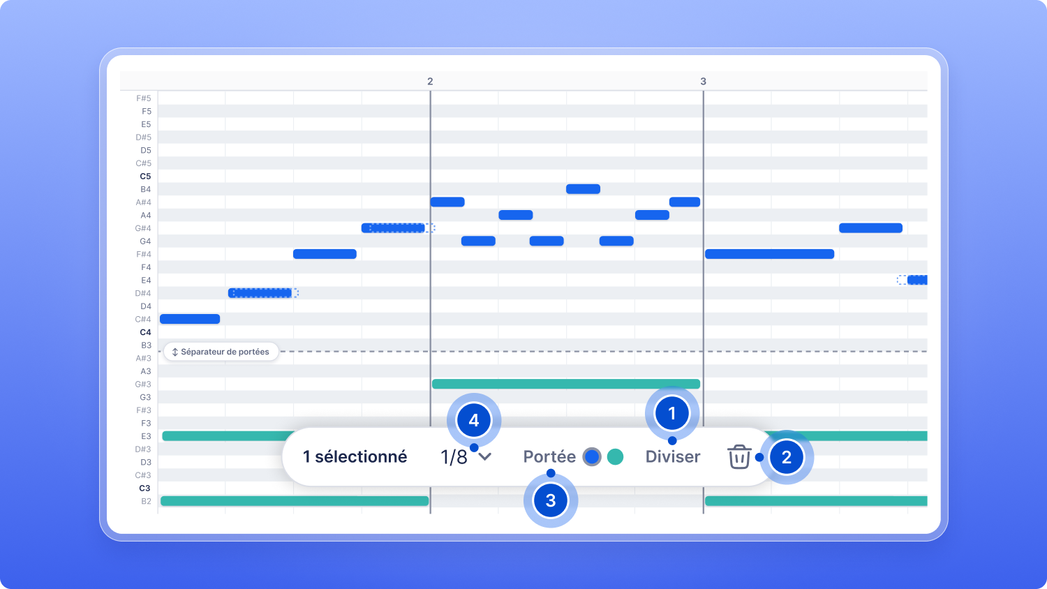 Options Diviser, suppression, choix de la portée et grille pour les notes sélectionnées