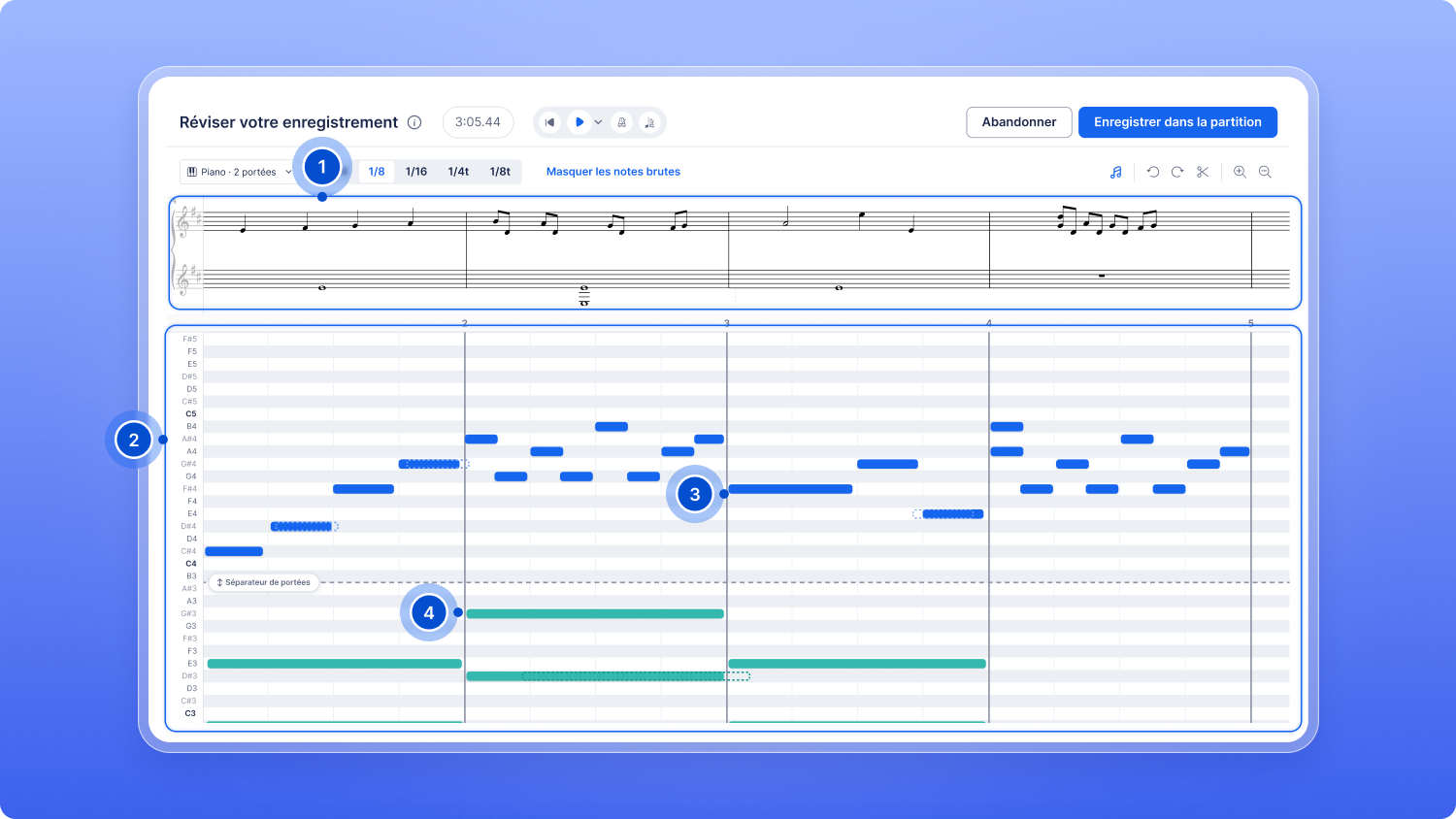 L'écran de révision de l'enregistrement avec l'aperçu de la notation et la grille de notes