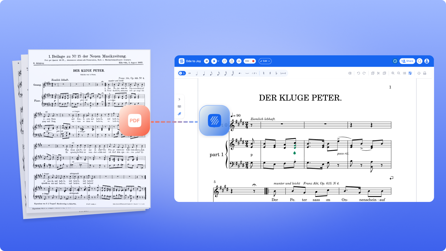 A PDF of sheet music imported into the Flat editor