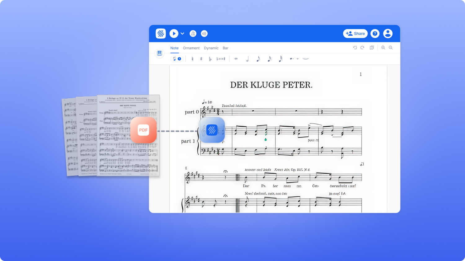 Um PDF de partitura importado no editor do Flat