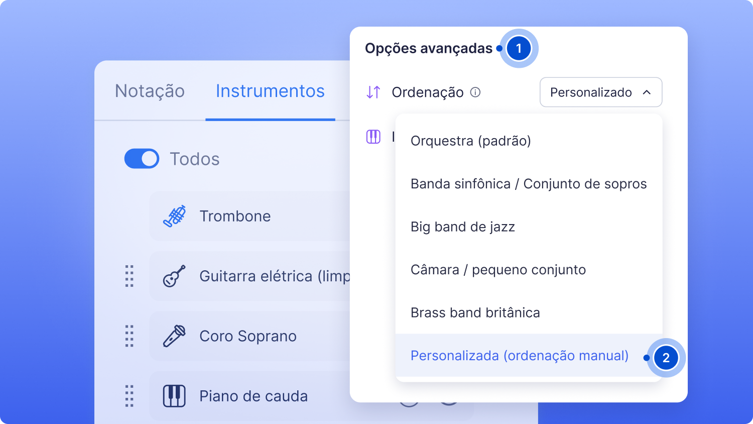 Opções de ordenação em Opções avançadas, na aba Instrumentos