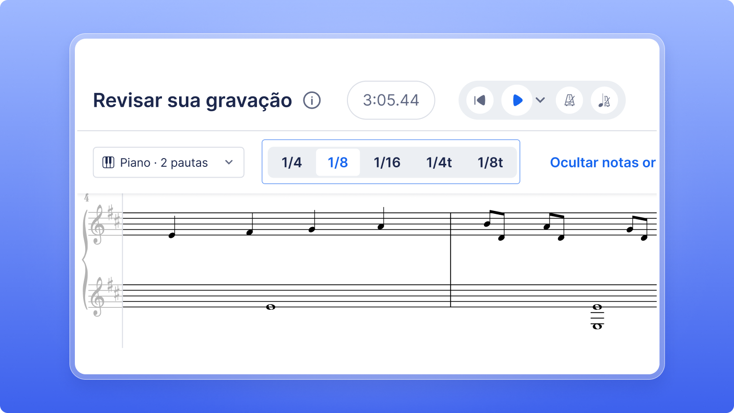 Opções de grade para uma gravação MIDI