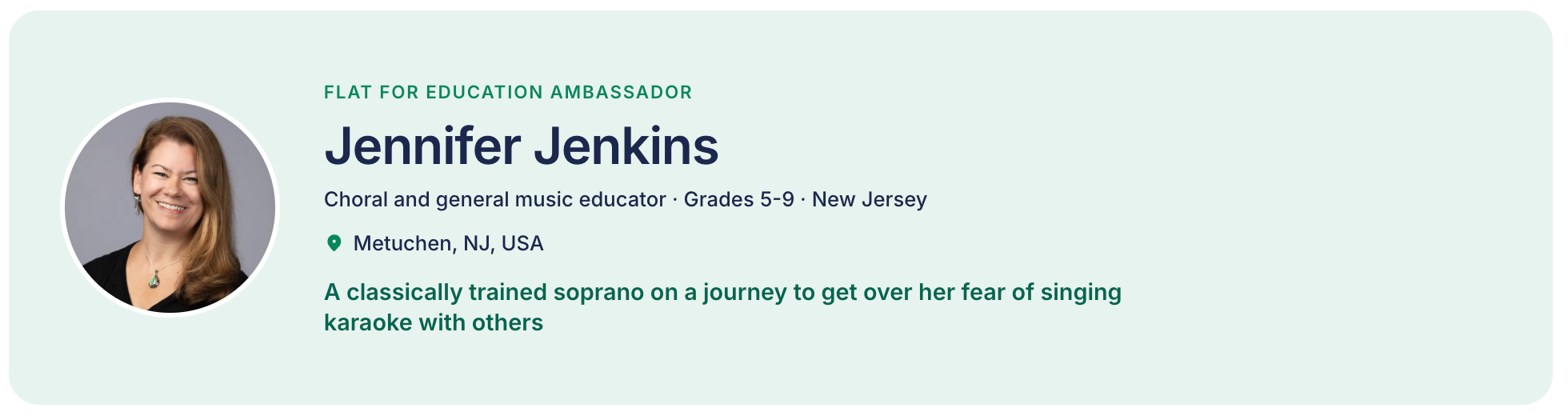 Jenn Jenkins ambassador profile on Flat for Education