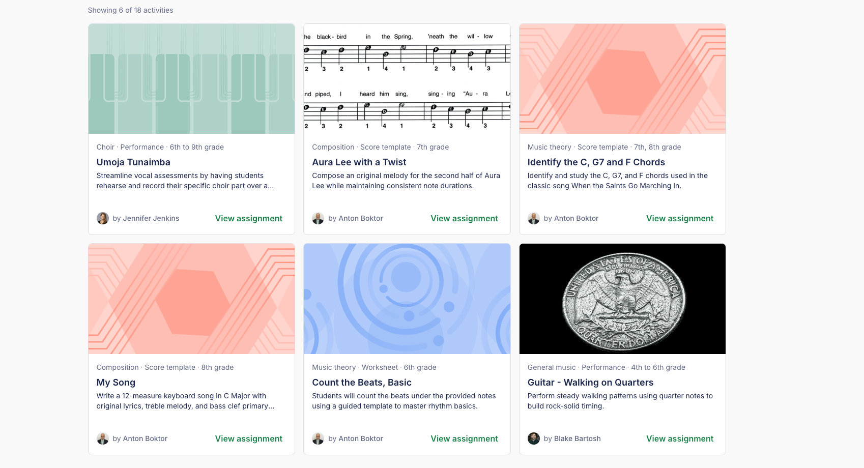 The Flat for Education activity library showing ambassador activities by grade and subject